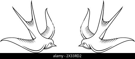 classic birds twin swallows tattoo design isolated on transparent background vector Stock Vector