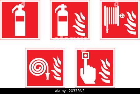 classic simple fire extinguisher hose reel alarm bell button with flames red square sign set icon symbol vector on transparent background Stock Vector