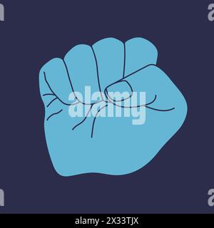 Raised fist isolated on a blue background. Power and strength symbol. Hand gesture. Vector illustration Stock Vector