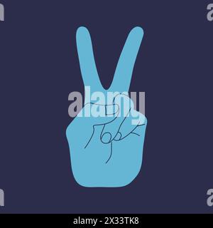 Human hand with a gesture V sign for victory or peace isolated blue background. Vector illustration Stock Vector