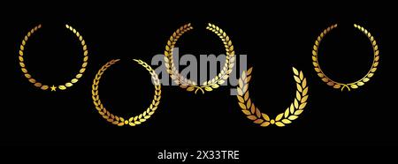 classic round decorative gold laurel wreath set element vector on black background Stock Vector