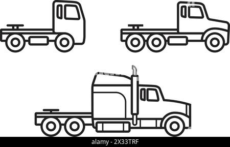 simple semi trailer long flat nose truck prime mover cab black line drawing outline side view set icon symbol vector isolated on transparent backgroun Stock Vector