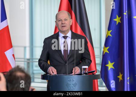 Berlin, Deutschland. 24th Apr, 2024. Olaf Scholz, speaks to journalists and answers questions, Chancellor Olaf Scholz and the Prime Minister of the United Kingdom of Great Britain and Northern Ireland, Rishi Sunak during the press conference in the Chancellery Berlin, April 24th 2024, Credit: HMB Media/Uwe Koch/Alamy Live News Stock Photo