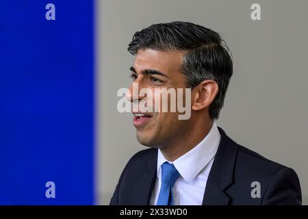 Berlin, Deutschland. 24th Apr, 2024. Rishi Sunak, speaks to journalists and answers questions, Chancellor Olaf Scholz and the Prime Minister of the United Kingdom of Great Britain and Northern Ireland, Rishi Sunak during the press conference in the Chancellery Berlin, April 24th 2024, Credit: HMB Media/Uwe Koch/Alamy Live News Stock Photo
