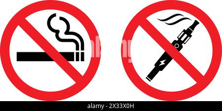 classic simple no smoking and vaping e cigarette sign symbol in red circle vector on transparent background Stock Vector