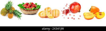 Collection fresh Fruits isolated on white background. Panoramic collage. Wide photo with free space for text. Stock Photo