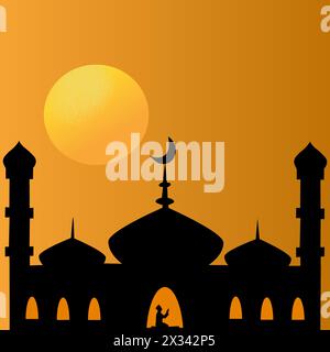 Silhouette of the mosque at sunset with man praying inside. Stock Vector