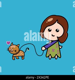 Happy girl walking with kitten. Stock Vector