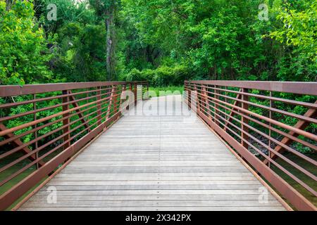 A rustic wooden bridge, adorned with rust-colored railings, beckons entry into a verdant sanctuary adorned with thick foliage. Stock Photo