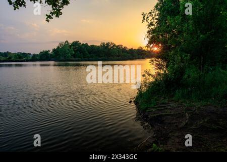 A tranquil sunset casts warm hues over a calm river lined with lush greenery. The sun dips just above the treeline, reflecting a golden light. Stock Photo