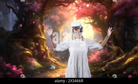 Excited woman looking around by VR surround enchanted wonderful fairytale forest with pink maple leaves falling meta magical world like fairy tale in Stock Photo