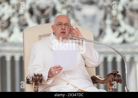 Vatican, Vatican. 24th Apr, 2024. Pope Francis gestures during the Wednesday General Audience at St. Peter's Square. (Photo by Stefano Costantino/SOPA Images/Sipa USA) Credit: Sipa USA/Alamy Live News Stock Photo