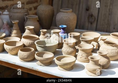 Clay earthenware represented at a street bazaar in Bukhara Stock Photo