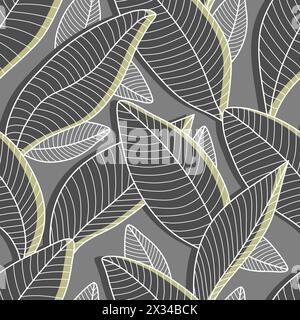 Vector seamless pattern with stylized leaves. Background Curved lines Leaves Grey and Green. Vector illustration for your design. Graphic Design. Stock Vector