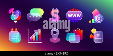 Transparent frosted glass morphism icons with neon gradient. 3d glassmorphism ui icon set of business, finance profit, money income or online shopping sign for mobile app. Realistic matte blur buttons Stock Vector