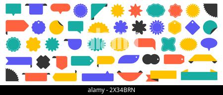 Set of starburst sticker, sale badge, price tag, shopping labels. Empty retro color starburst emblems, callouts, sunburst symbols. Promo tags, special offer design elements of flower, ribbon, corner Stock Vector