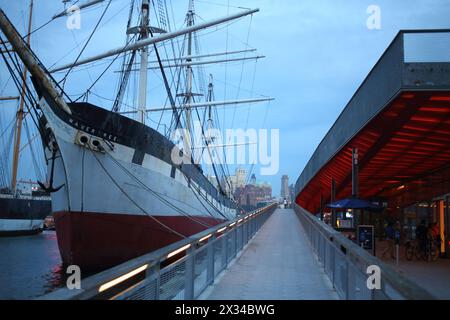 NEW YORK, USA - SEP 07, 2014: Historic ship Wavertree on the pier in the South Street Seaport in the evening Stock Photo