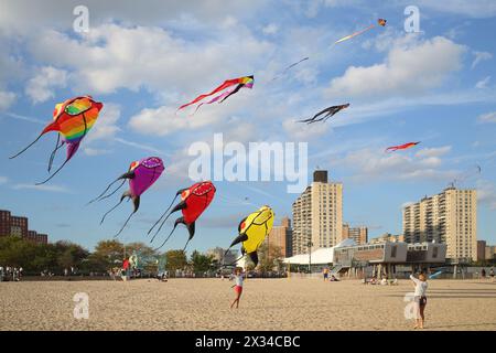 NEW YORK, USA - SEP 08, 2014: Kite flying on the beach near the New York Aquarium in Coney Island Stock Photo