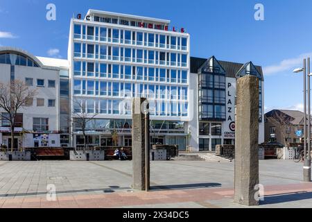 Reykjavik, Iceland, 14.05.22. Ingolfur Arnarson's Seat Pillars, basalt rock pillars on the Ingolfur Square commemorating settlement history. Stock Photo