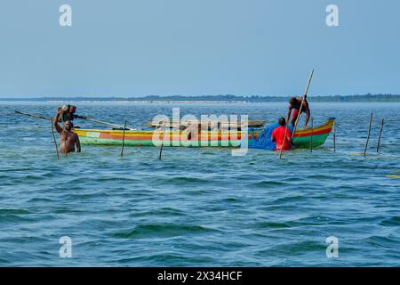 Fisherman waves while standing in the waters of Pulicat Lake near his boat Stock Photo