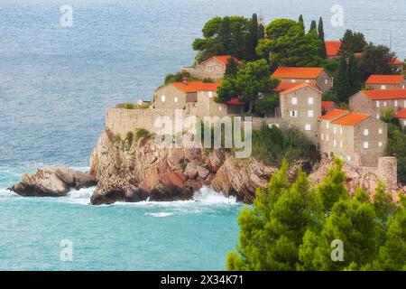 Sveti Stefan island in Budva, Montenegro high angle view Stock Photo