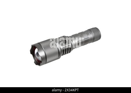 Modern metal LED flashlight in gray color. Portable flashlight isolate on a white background. Stock Photo