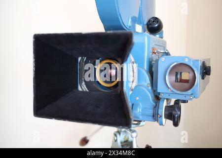 PERESLAVL-ZALESSKIY, RUSSIA - JUL 18, 2015: Old video camera in a museum, focus on the lens Stock Photo
