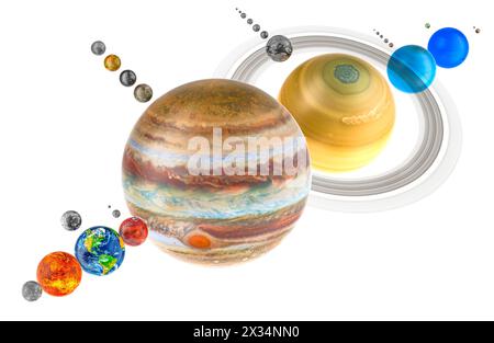 Planets of Solar system with satellites. 3D rendering isolated on white ...
