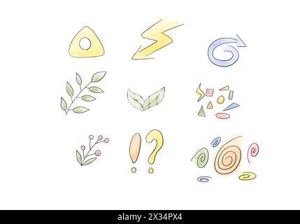 Set of watercolor doodle elements, vector illustration. Stock Vector