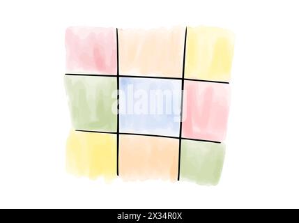 Watercolor doodle element. Grid with colored squares, vector illustration. Stock Vector