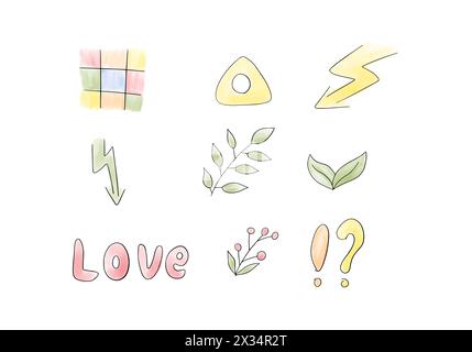 Set of watercolor doodle elements, vector illustration. Stock Vector