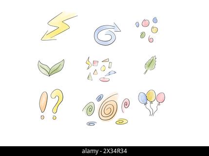 Set of watercolor doodle elements, vector illustration. Stock Vector