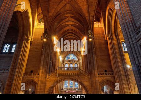 Cathedral Church of Christ interior with stained glass window and nave in Liverpool, UK Stock Photo