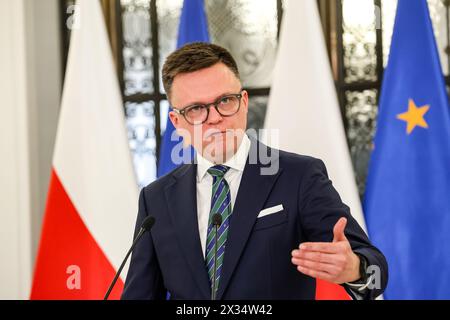 Warsaw, Poland. 24th Apr, 2024. The Speaker of Polish Parliament, Szymon Holownia speaks at a press conference during the 10th session of Polish Parliament in the Parliament building on Wiejska Street. The parliament discusses controversial issues of the rule of law. (Photo by Dominika Zarzycka/SOPA Images/Sipa USA) Credit: Sipa USA/Alamy Live News Stock Photo