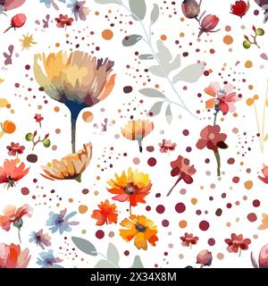 Different watercolor flowers seamless pattern. hand drawing. Not AI, Vector illustration Stock Vector