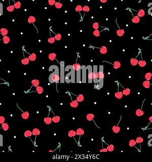 Cherries and dots seamless fabric design pattern black background Stock Vector