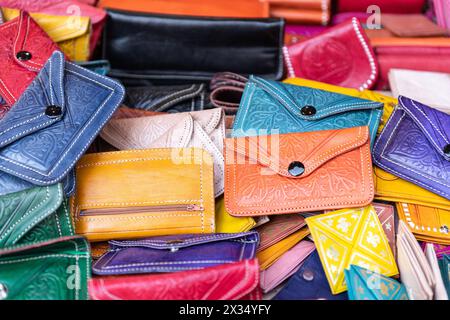 leather purses in various colors Stock Photo