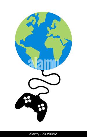 Planet Earth is connected by cable to gamepad and joystick. World as simulation and fake simulated reality. Vector illustration isolated on white. Stock Photo