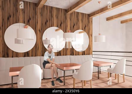 Coffee bar, bakery, shop interior, 3d render, bar tables, chairs, lamps hanging from the ceiling, pleasant atmosphere Stock Photo