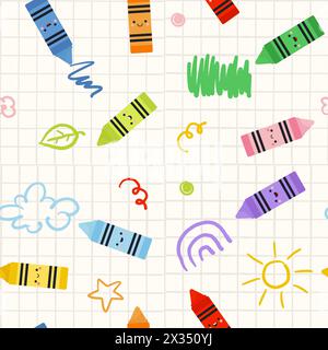 Cute childish seamless pattern with kawaii colorful crayons and doodle illustration. Simple Vector illustration Stock Vector