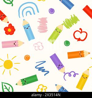 Cute childish seamless pattern with kawaii colorful pencils and doodle illustration. Simple Vector illustration Stock Vector
