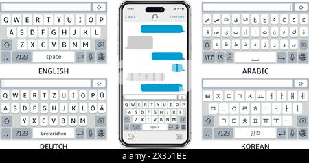 Cellphone mock up virtual keyboards. English, Arabic, German, Korean keyboards set. Vector illustration. Stock Vector