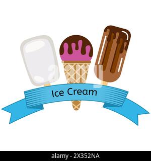Three different ice cream wrapped in blue ribbon with the inscription ice cream. Vector illustration Stock Vector