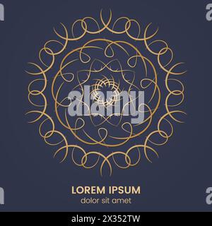 Vintage geometric circular element. Vector gold monogram on dark blue background. Vector illustration Stock Vector