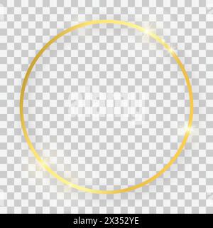 Gold shiny round frame with glowing effects and shadows on transparent background. Vector illustration Stock Vector