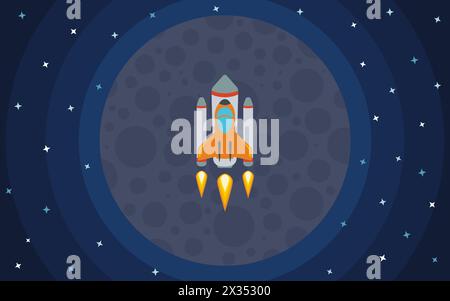 The rocket flies against the backdrop of the planet. The rocket in space. Space travel. Vector illustration with flying rocket. Stock Vector