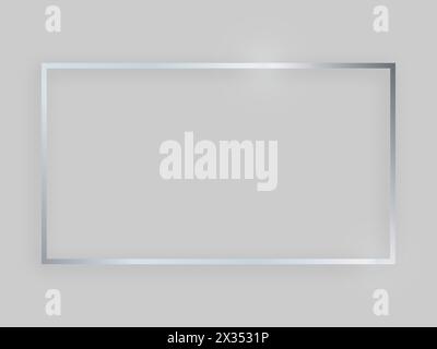 Shiny frame with glowing effects. Silver rectangular frame with shadow on grey background. Vector illustration Stock Vector