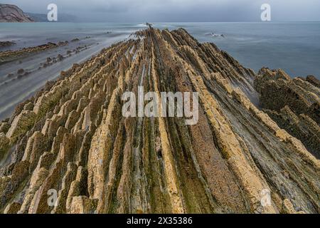 Steeply-tilted Layers of Flysch, Flysch Cliffs, Basque Coast UNESCO Global Geopark, European Geopark Network, Zumaia, Guipúzcoa, Basque Country, Spain Stock Photo