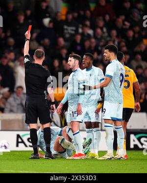 Referee, Stuart Attwell shows a red card to Rodrigo Bentancur of ...