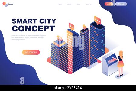 Modern flat design isometric concept of Smart City Technology decorated people character for website and mobile website development. Isometric landing Stock Vector